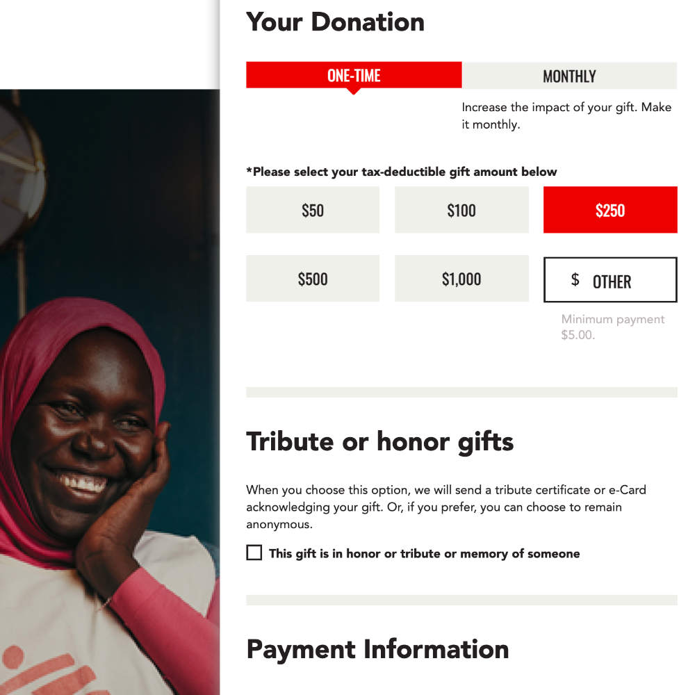 A screenshot of a donation page featuring various donation amounts